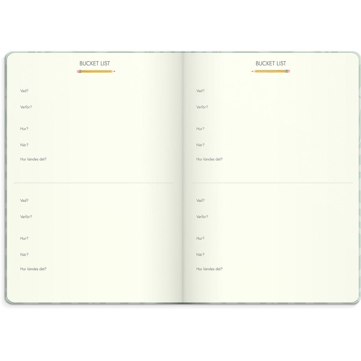 Öppnad almanacka för 2026 med plats för att skriva bucket list och planer för året