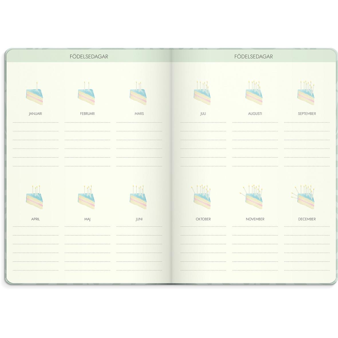 Öppnad almanacka för 2026 med månadsöversikter och plats för att skriva ner födelsedagar