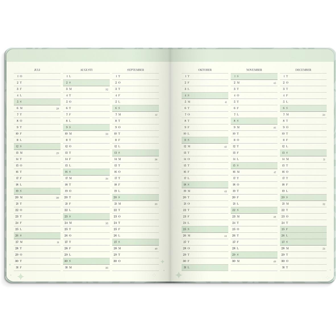 Öppnad almanacka för 2026 med veckoplanering och plats för att skriva ner planer och mål