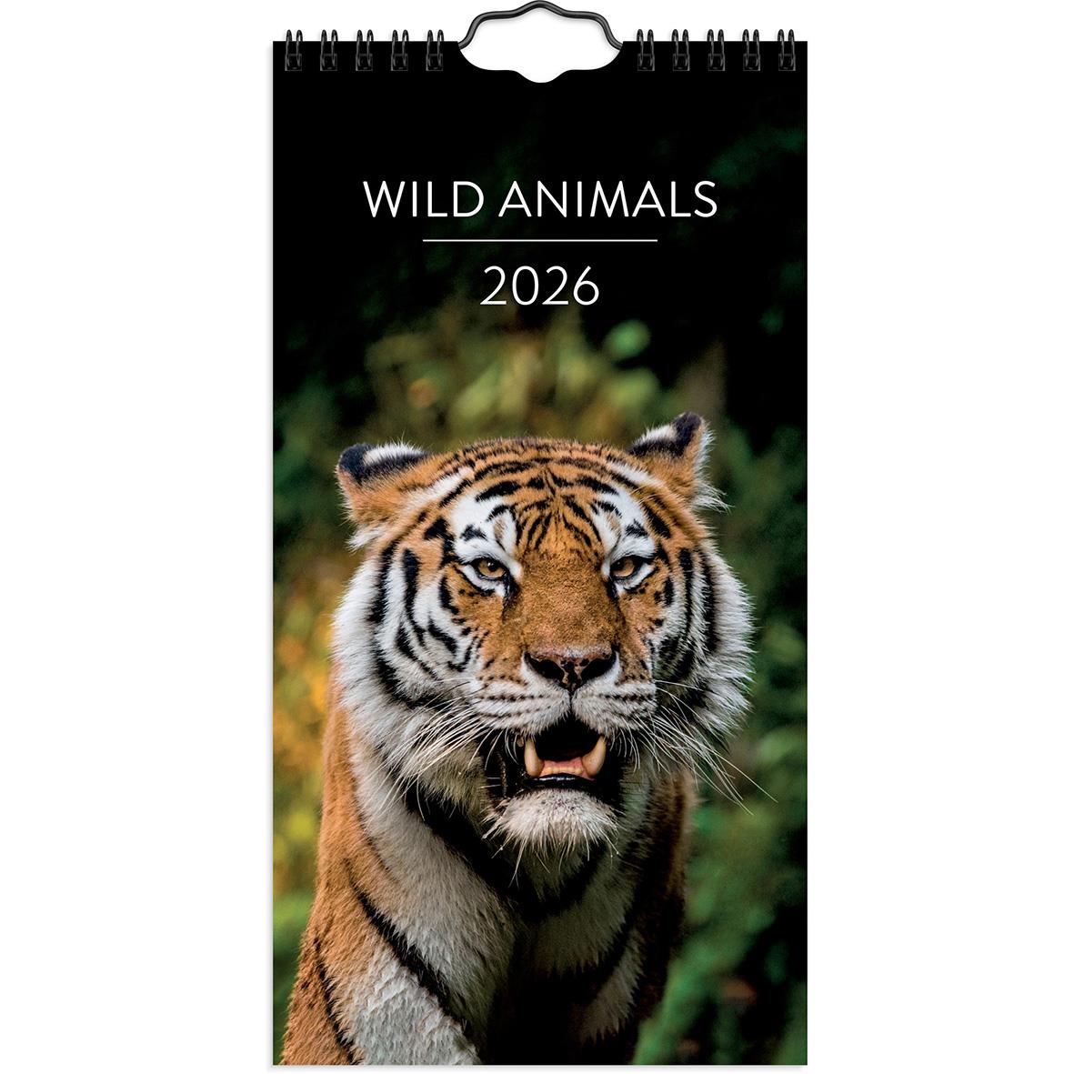 Väggkalender med tigerbild för 2026 med text Wild Animals