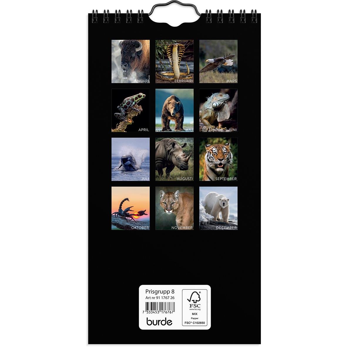 Väggkalender med bilder av vilda djur för 2026, inklusive björn, tiger, val, krokodil och andra djur