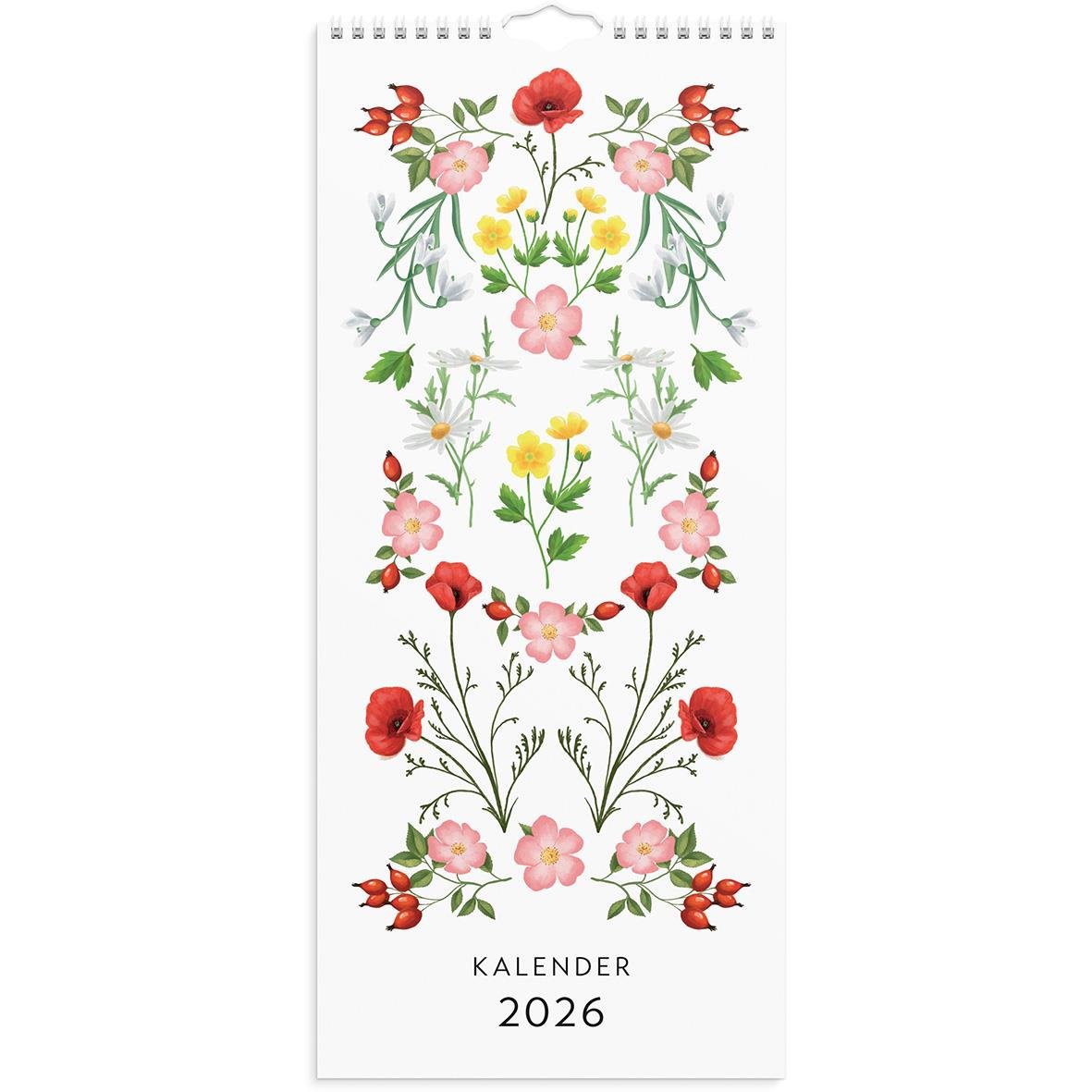 Väggkalender med blomstermotiv för 2026 med rosa, röd och gul blomsterdesign