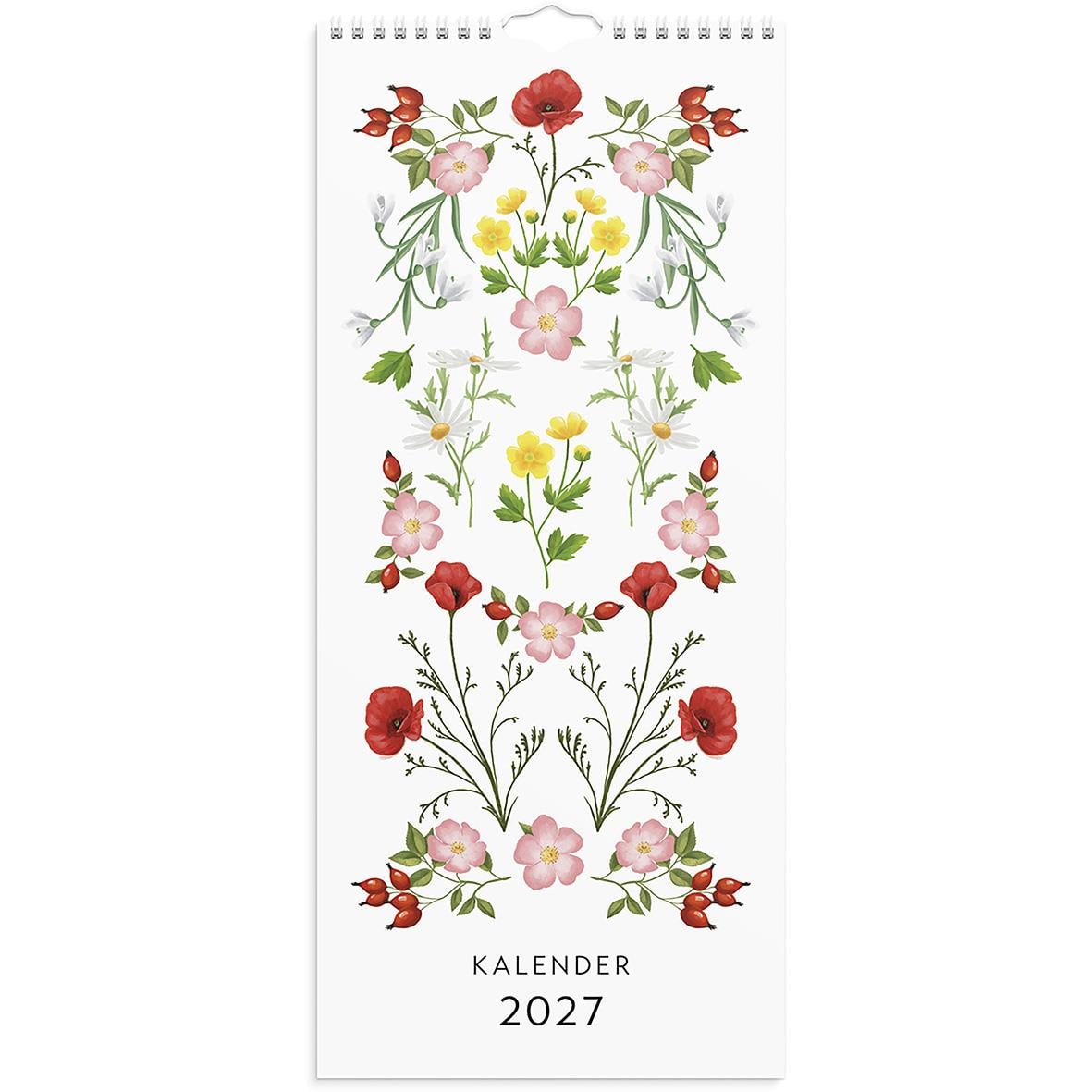 Väggkalender med blomstermotiv för 2026 med rosa, röd och gul blomsterdesign