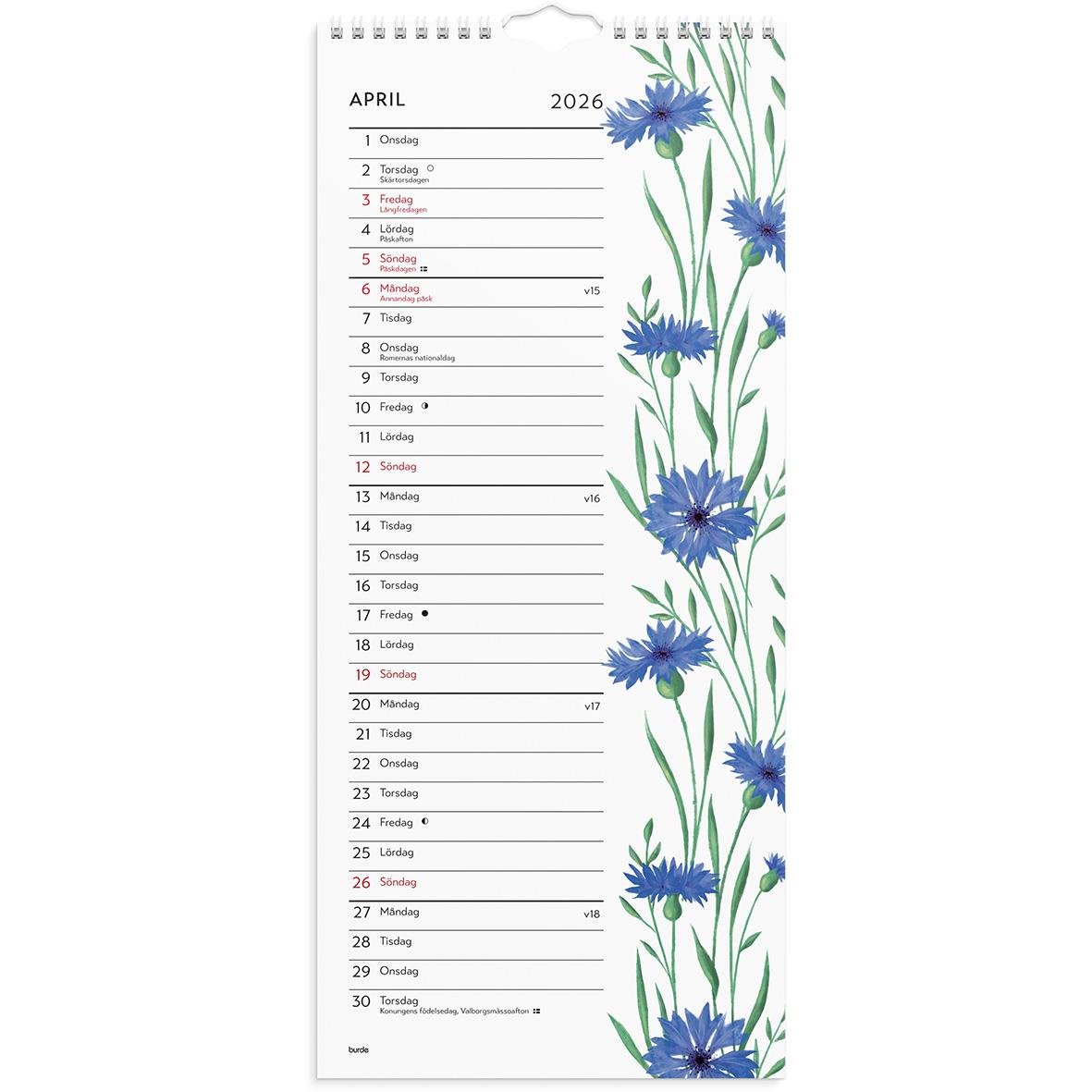 Väggkalender för april 2026 med blå blommor och gröna stjälkar på höger sida