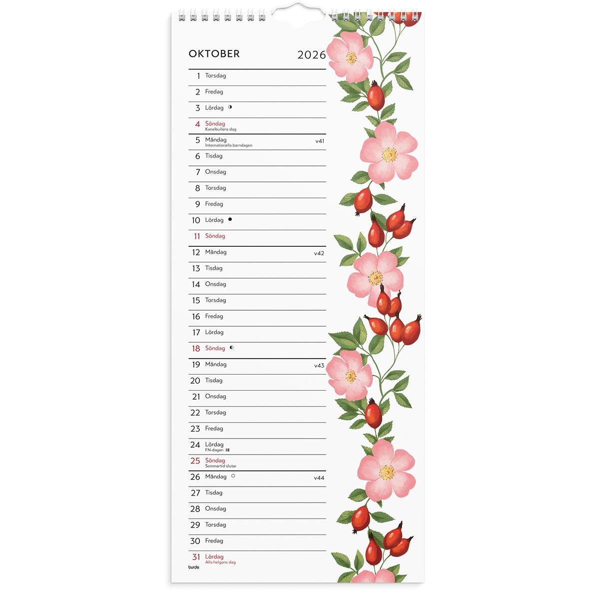 Väggkalender för oktober 2026 med blommor och bär längs höger sida