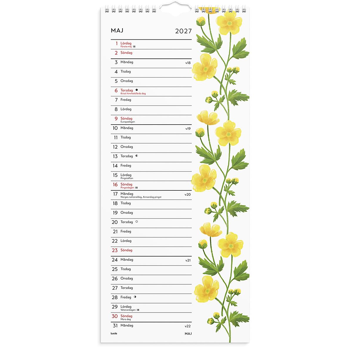 Väggkalender Burde 1779 Lilla Blomsterkalendern 2026 med blomsterillustrationer för varje månad