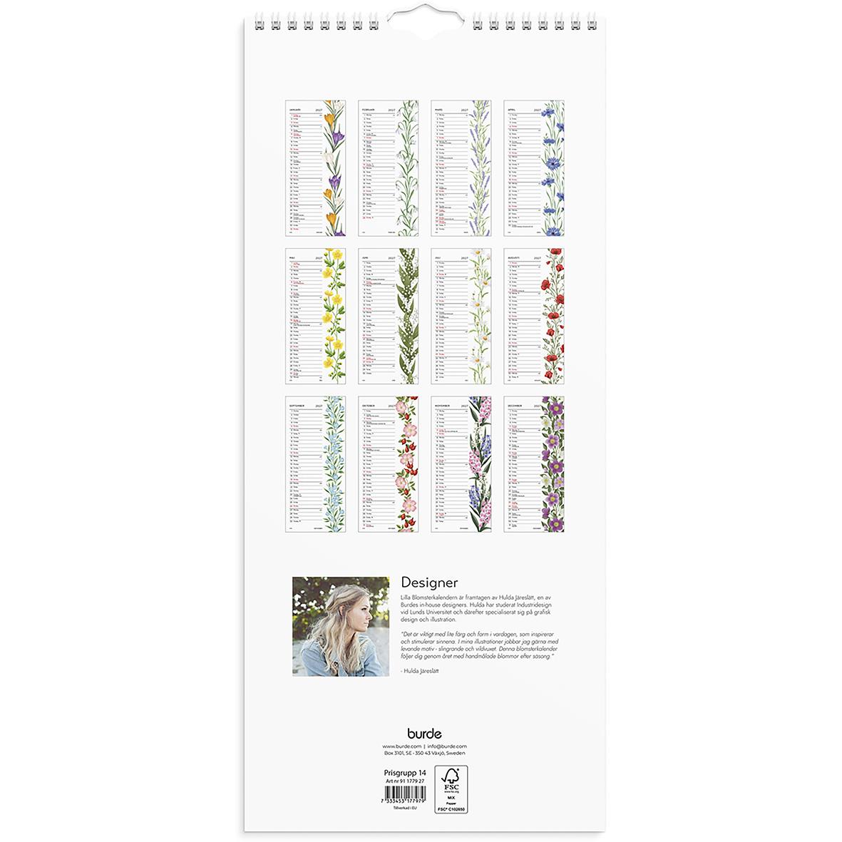 Väggkalender Burde 1779 Lilla Blomsterkalendern 2026 med blommor och augustimånad