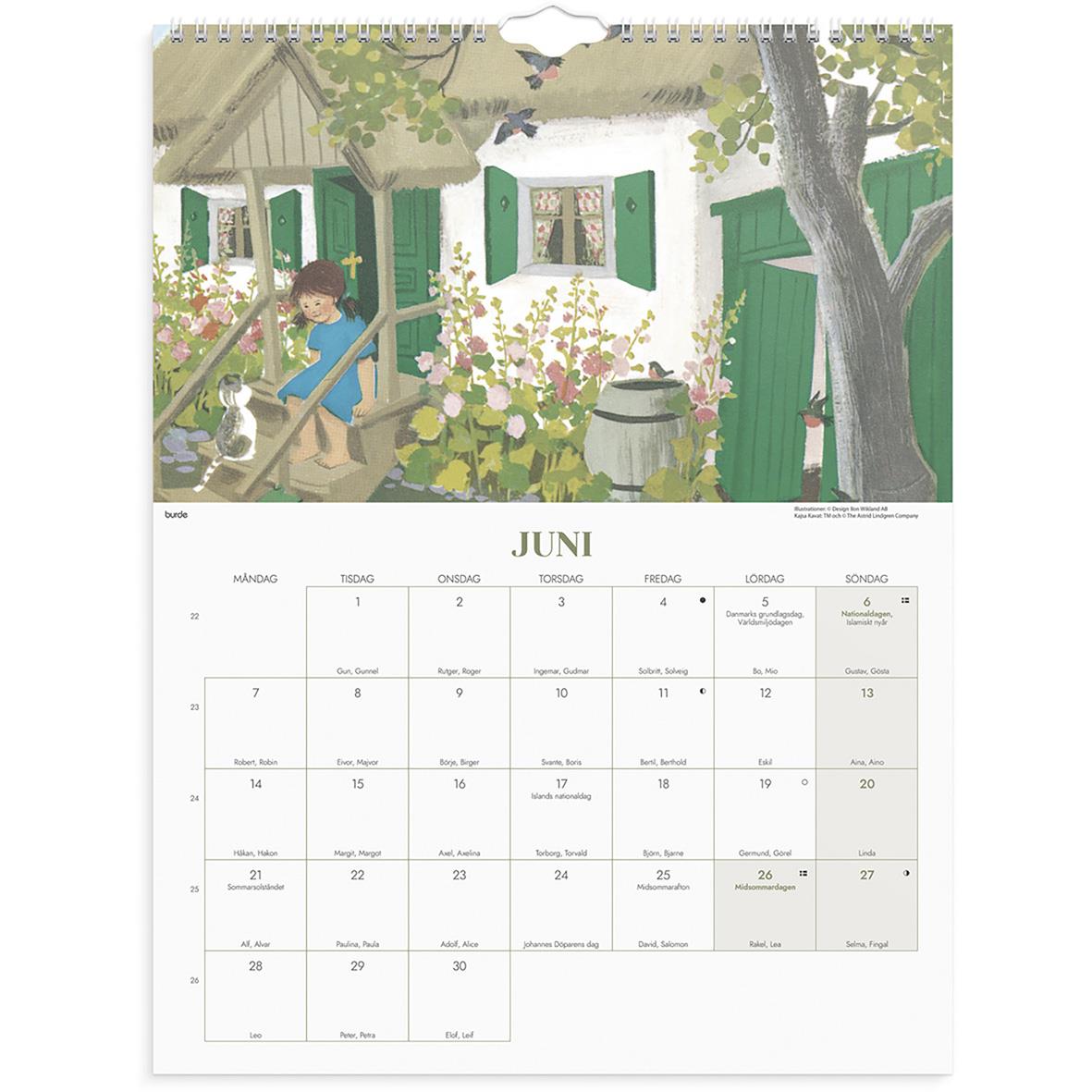 Väggkalender för 2026 med Ilon Wikland och Astrid Lindgren, visar månadsbilder och porträtt