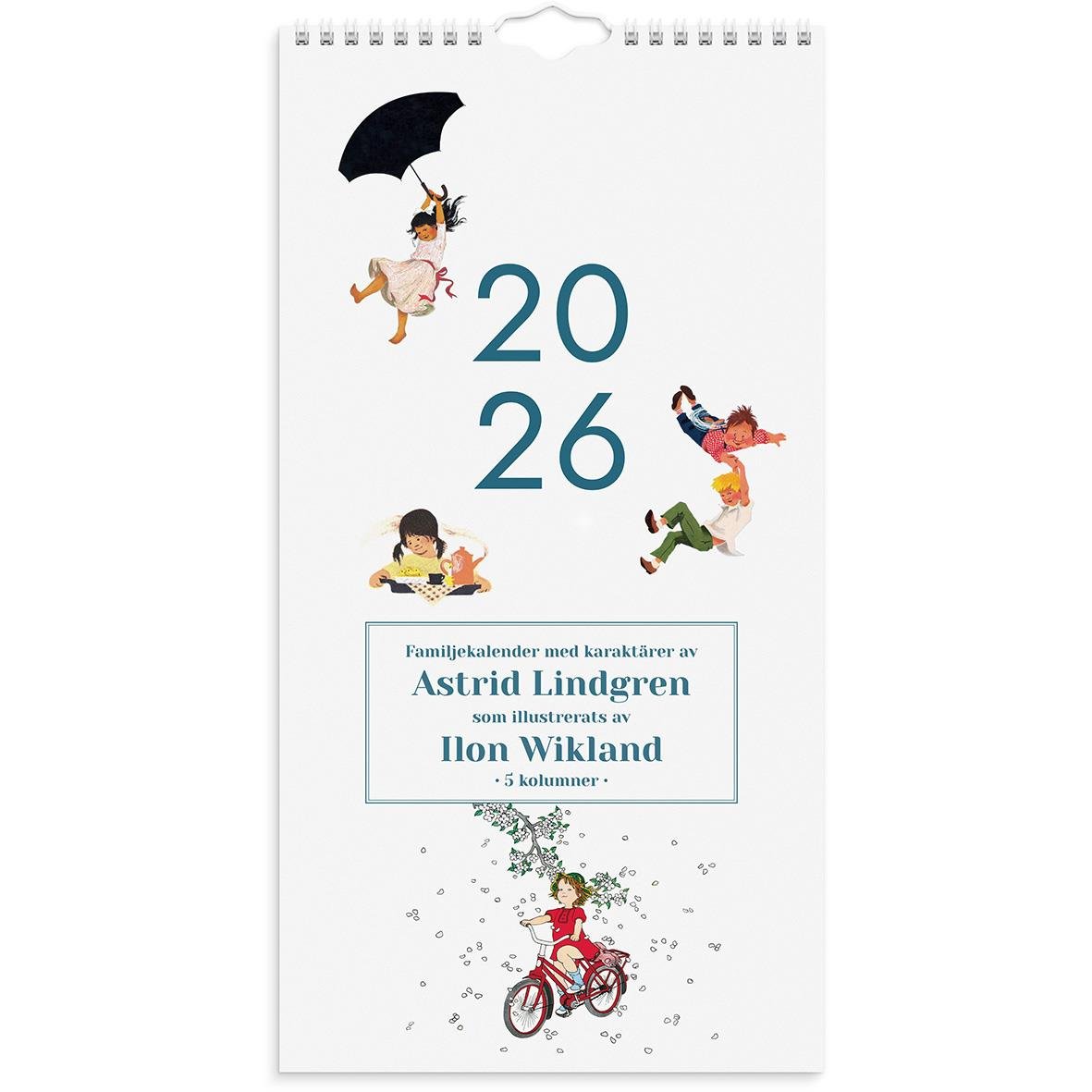 Väggkalender för 2026 med illustrationer av barn och Astrid Lindgren av Ilon Wikland