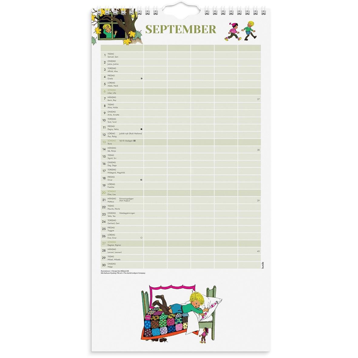 Väggkalender för september 2026 med illustration av barn som läser och leker