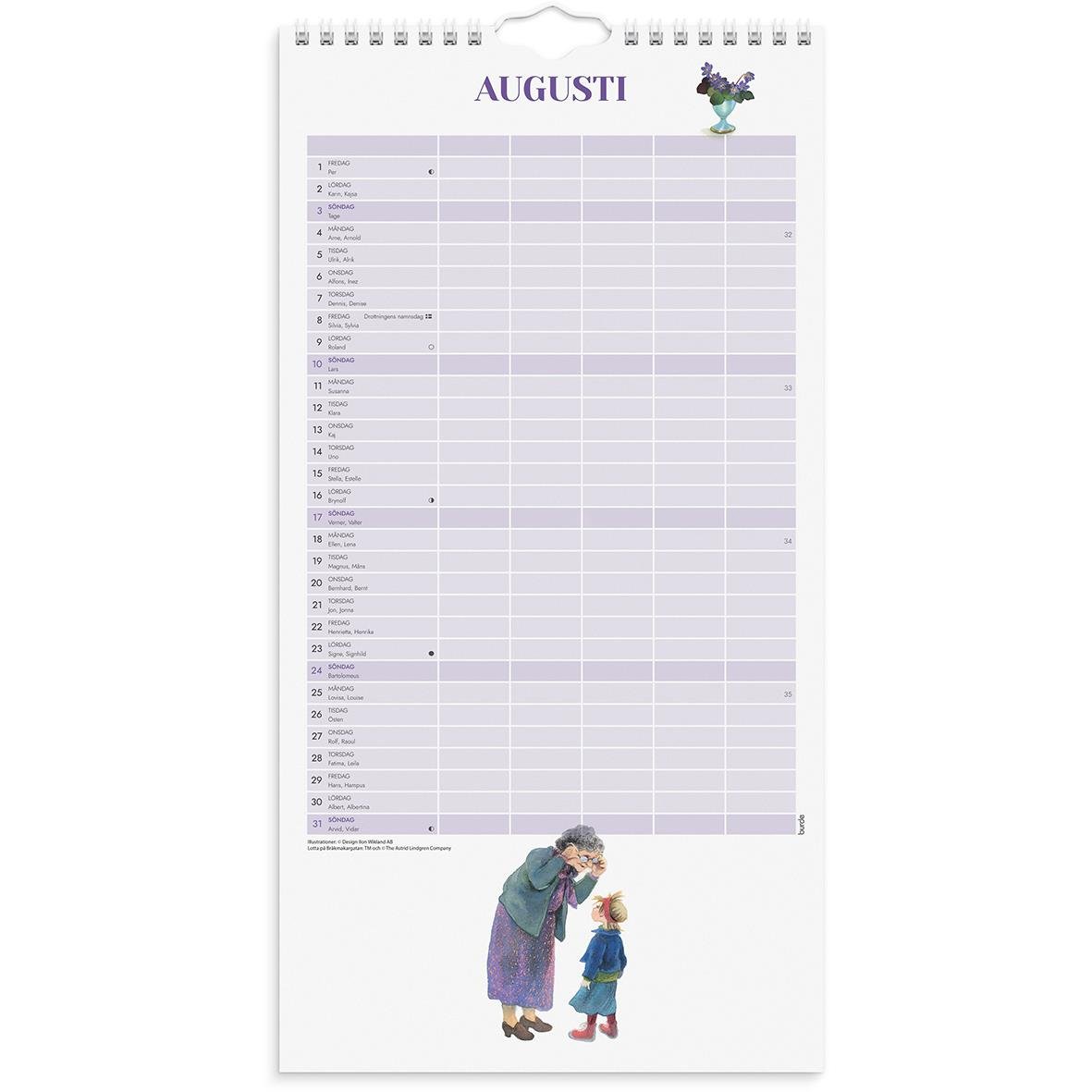 Väggkalender för augusti 2026 med illustration av en äldre kvinna och ett barn