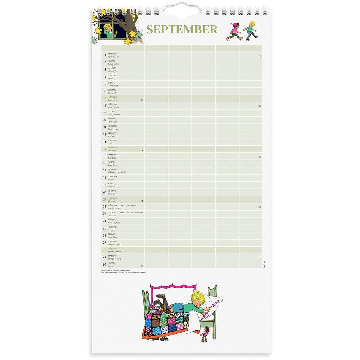 Väggkalender för september 2026 med illustration av barn som leker och sover, skapad av Ilon Wikland