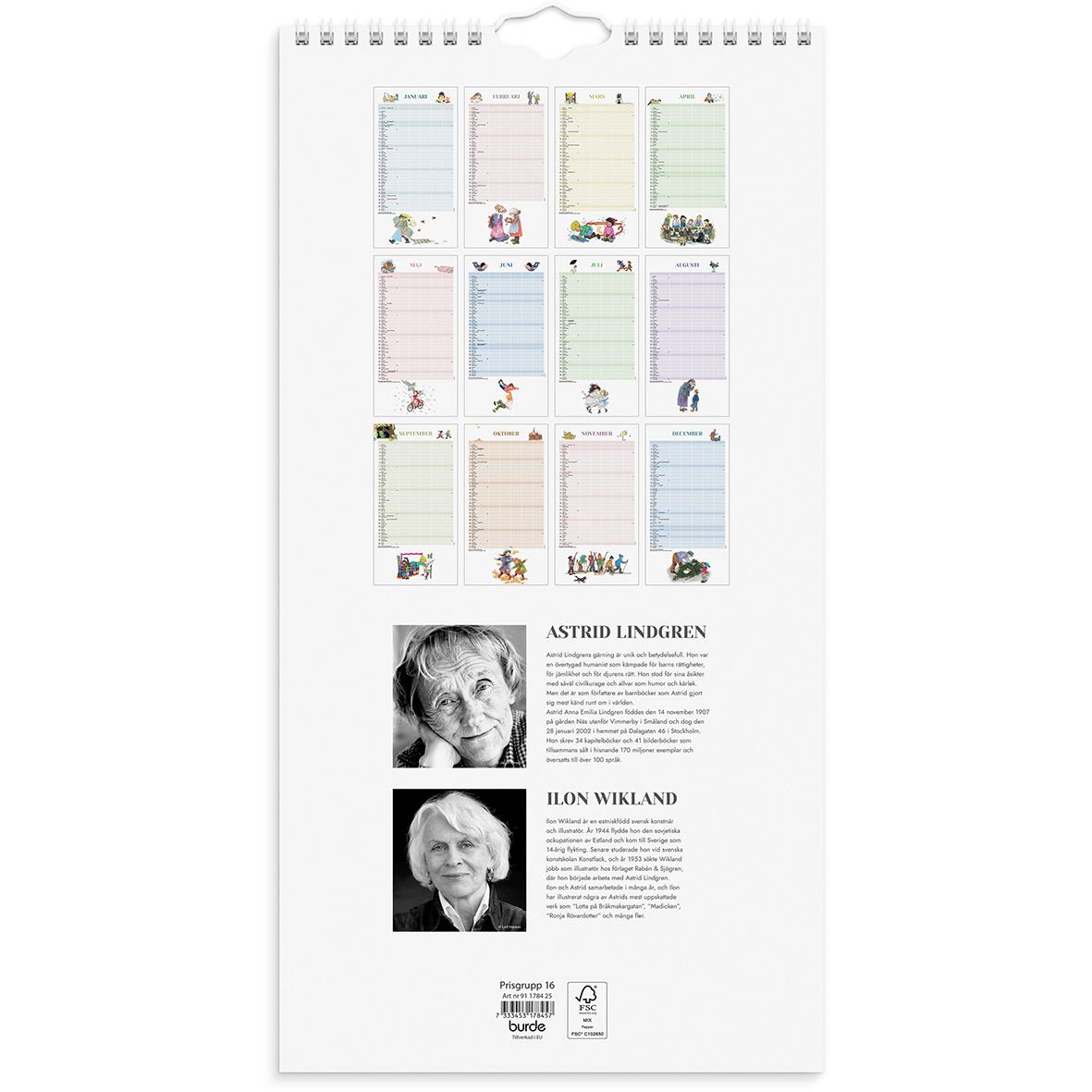 Väggkalender för 2026 med Ilon Wikland och Astrid Lindgren, visar olika månadsblad med illustrationer och bilder.