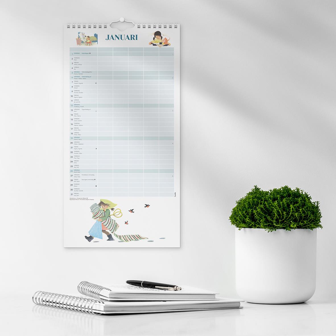 Väggkalender för januari 2026 med illustration av en person med paraply och en liten växt i en vit kruka