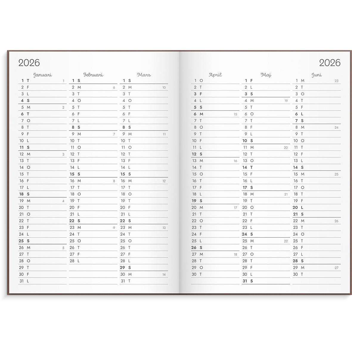 Öppnad almanacka för 2026 med kalender för januari till december, två sidor