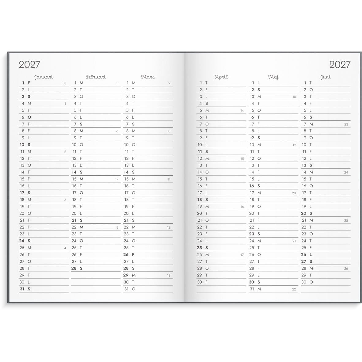 Öppnad Almanacka Burde 1219 Doodle 2026 med tomma sidor och prickad layout