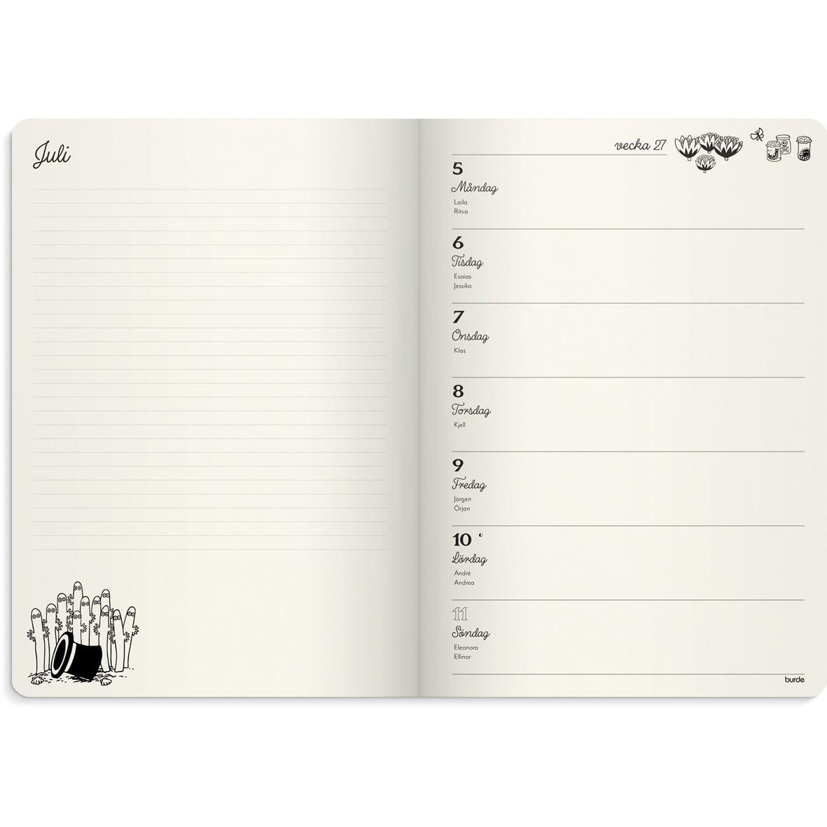 Öppningssida i almanacka för september och oktober med tecknade illustrationer av ett husdjur, en tiger och en samling av saker