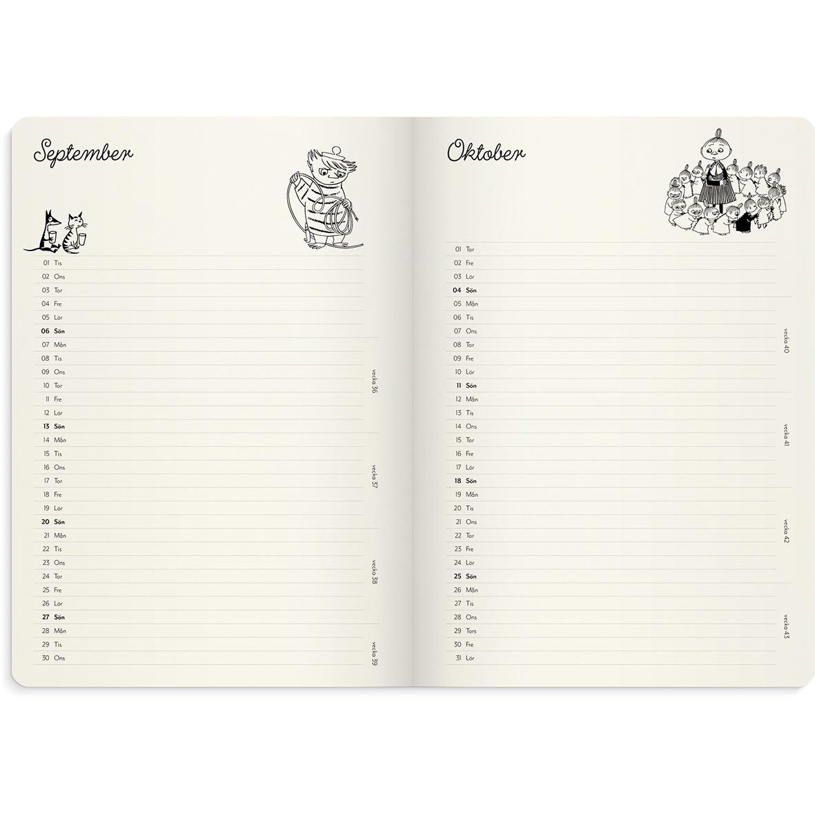 Öppningssida i almanacka för september och oktober med tecknade illustrationer av ett husdjur, en tiger och en samling av saker