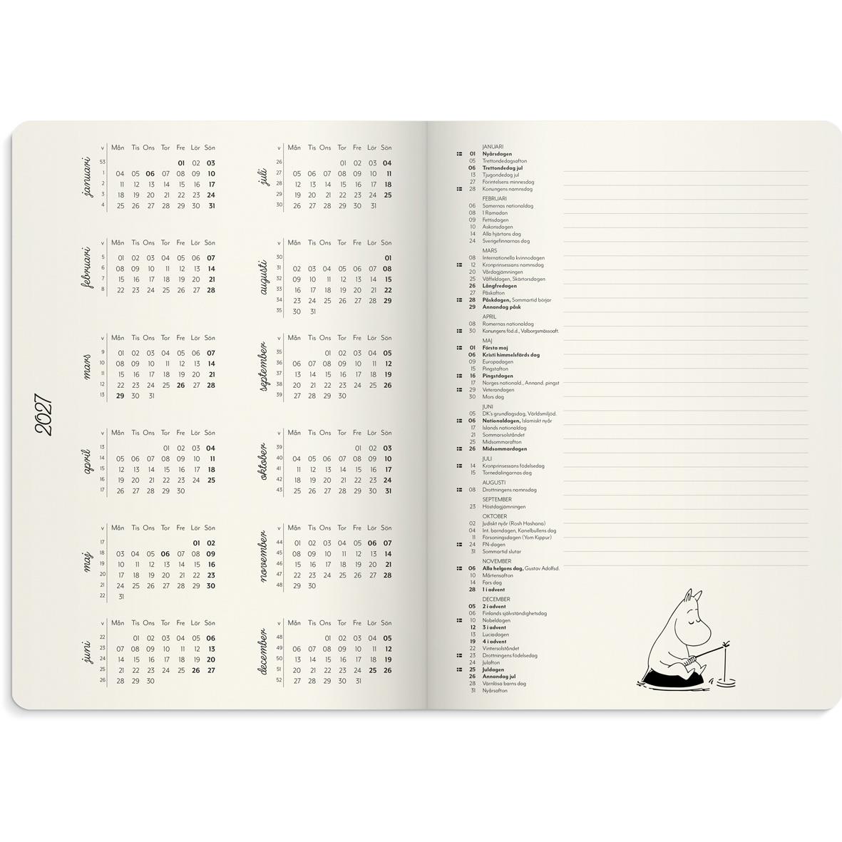 Öppningssida av almanacka med tecknad björn bland blommor och växter