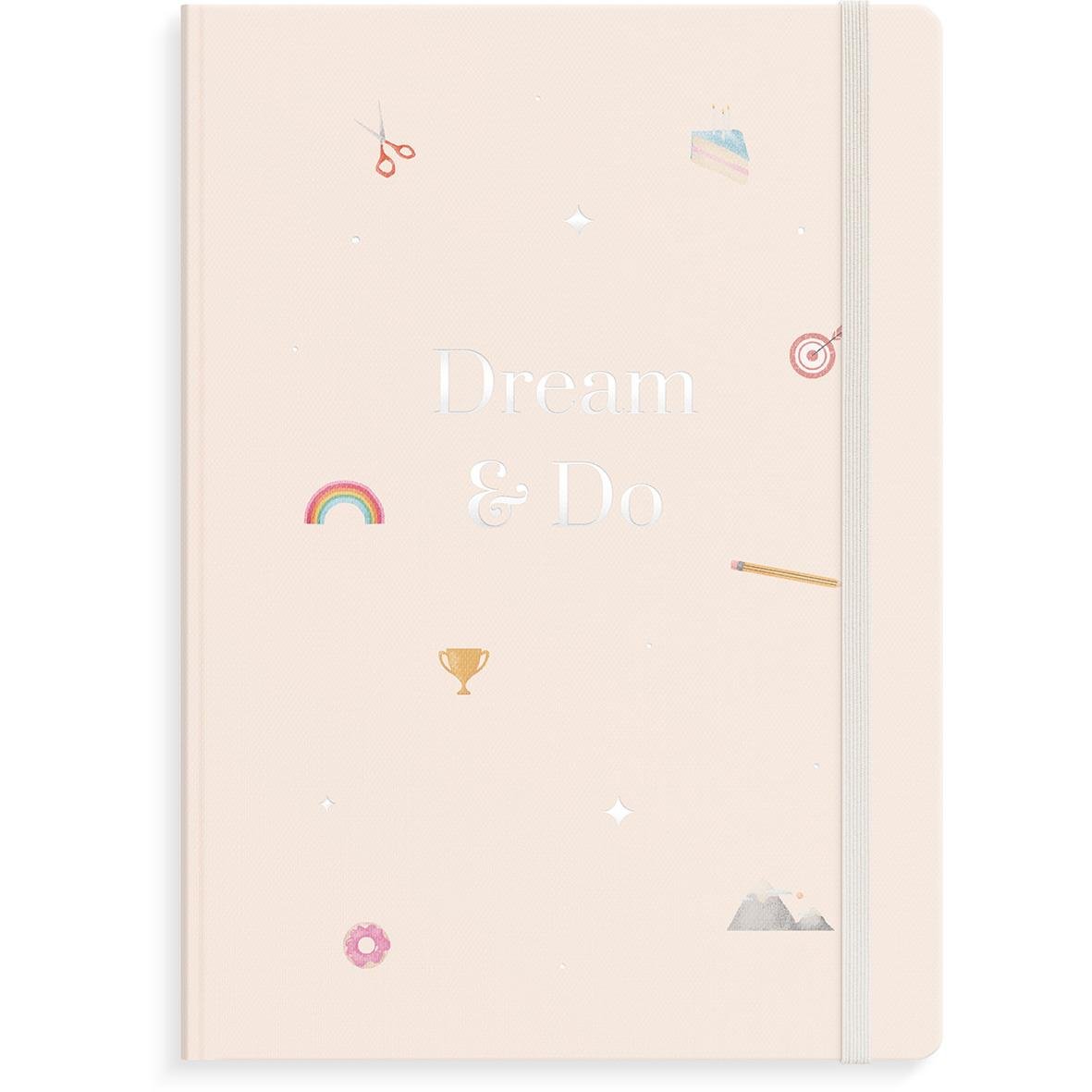Beige almanacka med texten Dream & Do och små färgglada ikoner