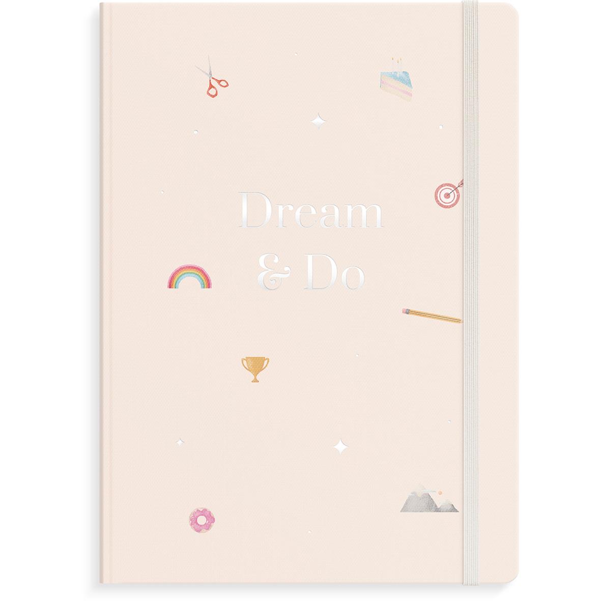 Beige almanacka med texten Dream & Do och små färgglada ikoner