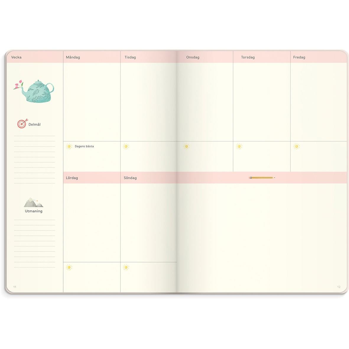 Almanacka Burde 7608 ream & Do Beige med veckoplanering och illustrationer i rosa och beige nyanser