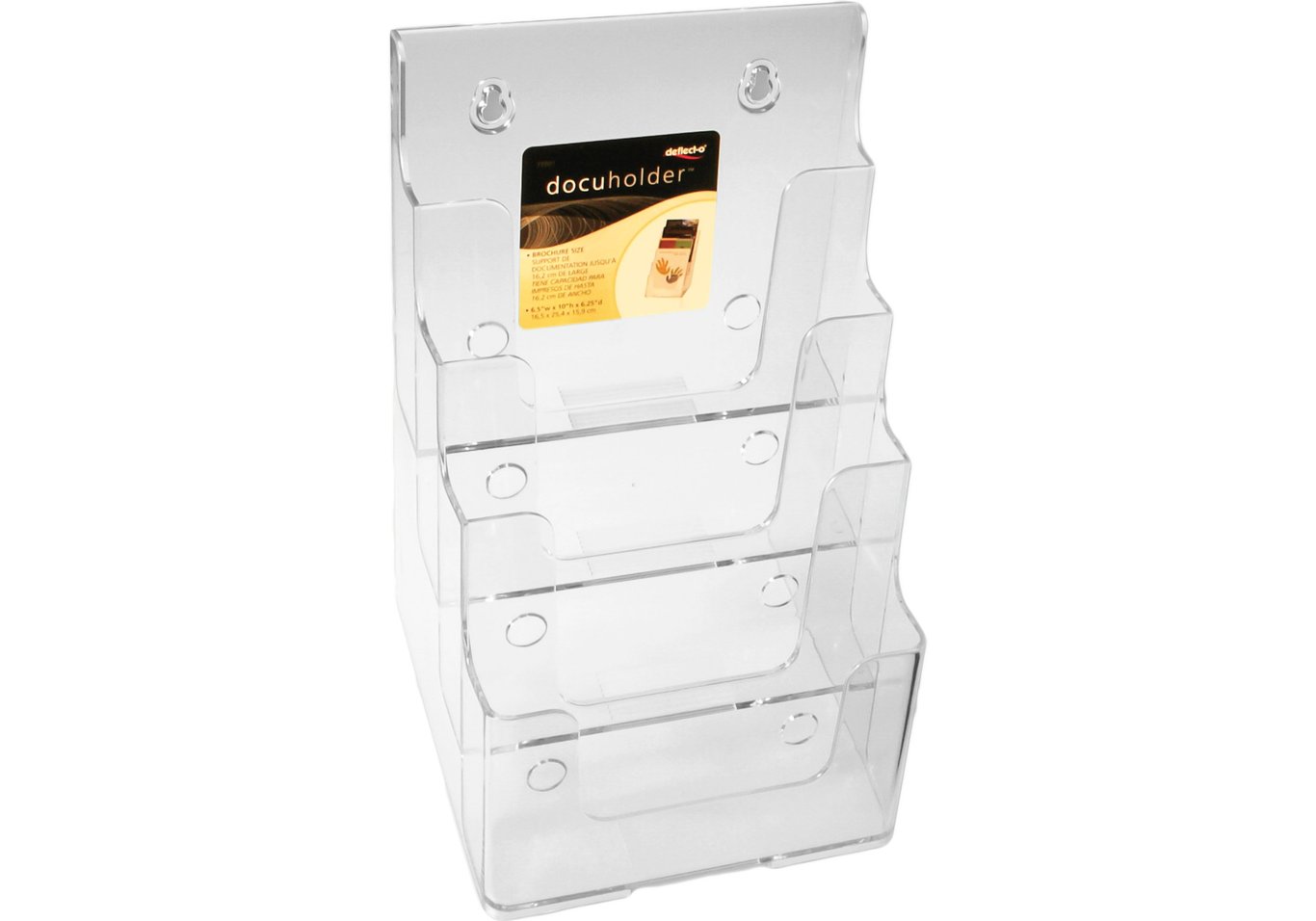Akryl broschyrbox med fyra fack för A5-format, transparent och väldesignad.