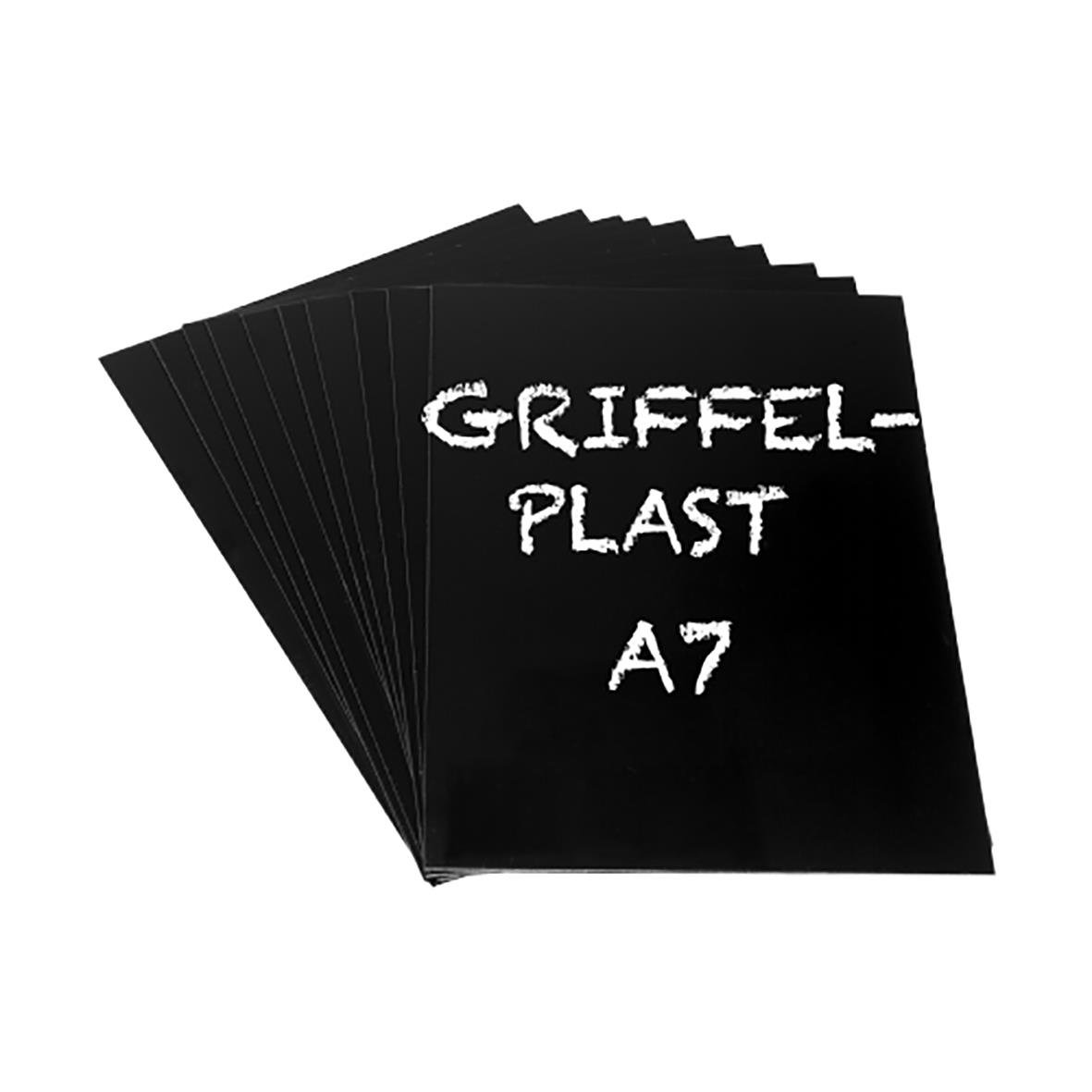 Svarta griffelplastblock A7 staplade med vitt text