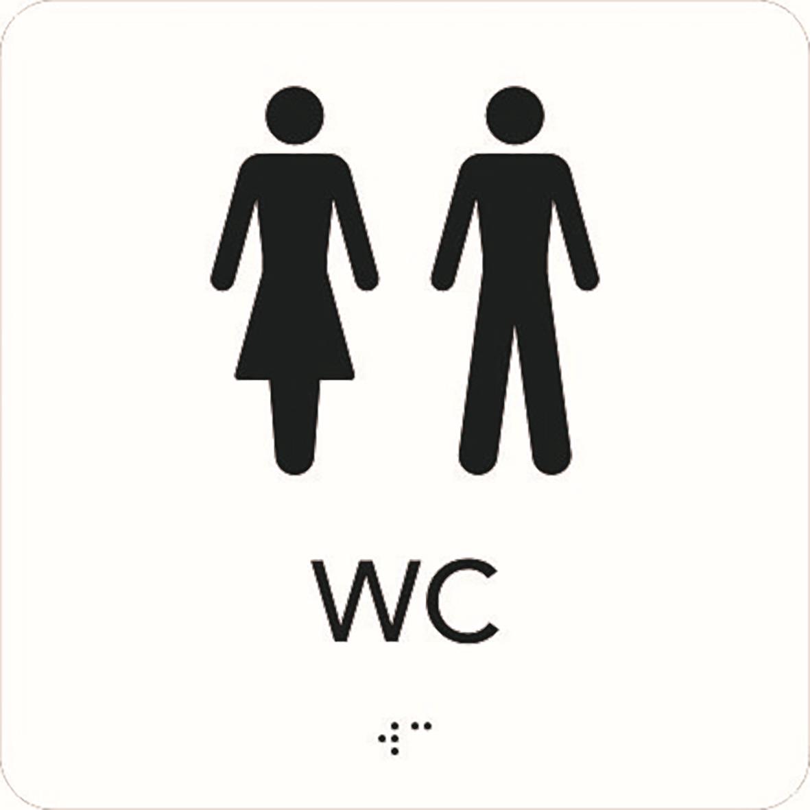 Skylt för toalett för kvinnor och män med WC och taktila punkter, svart text på vit bakgrund