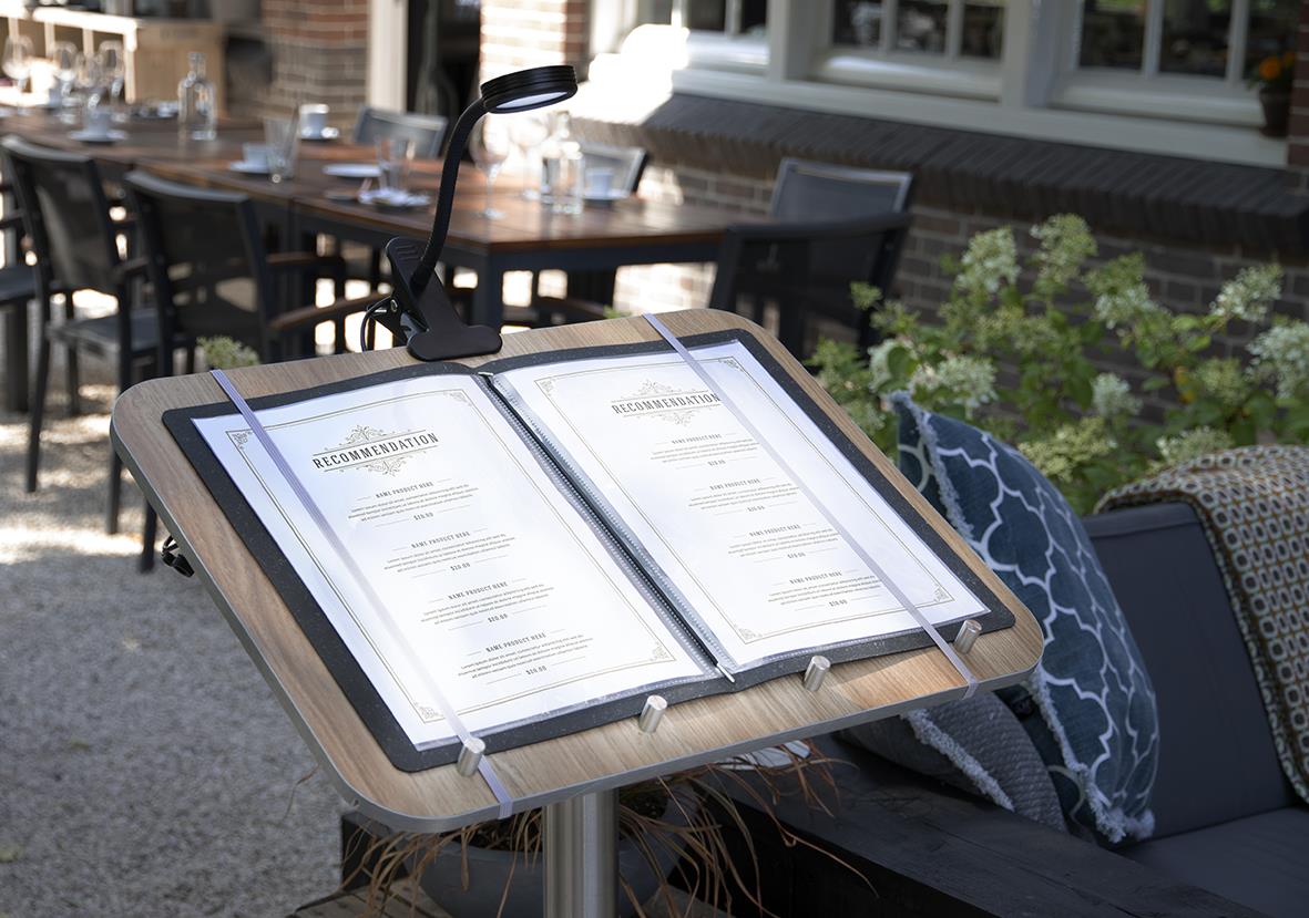 Utomhusmenyställ med skyddande plastöverdrag för utomhusbruk i svart