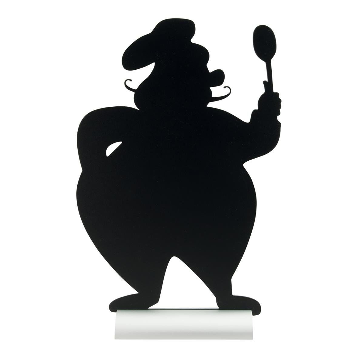 Svart siluett av en kock med sked på en griffeltavla för bord, storlek 34,5x22cm, ink märkpenna