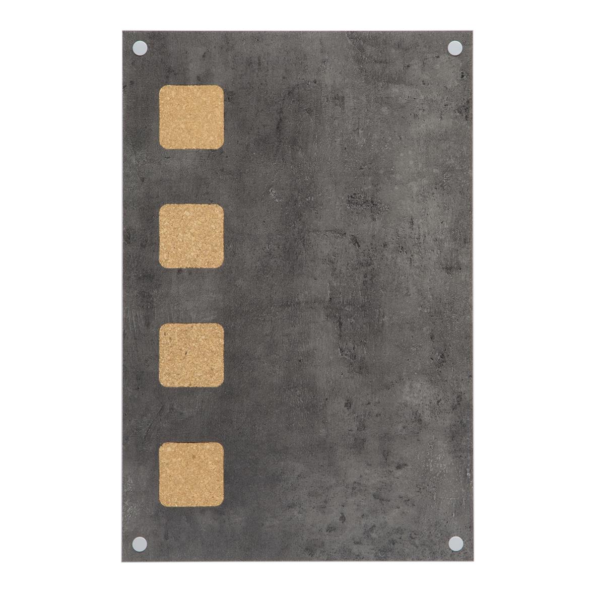 Grå griffeltavla för vägg med fyra korkfästen och hål för upphängning, storlek 58x38cm