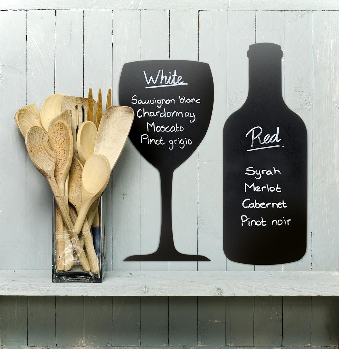 Griffeltavla Securit Siluett Glas för vägg med vin- och drinkglas, markeringspenna, och träskedar