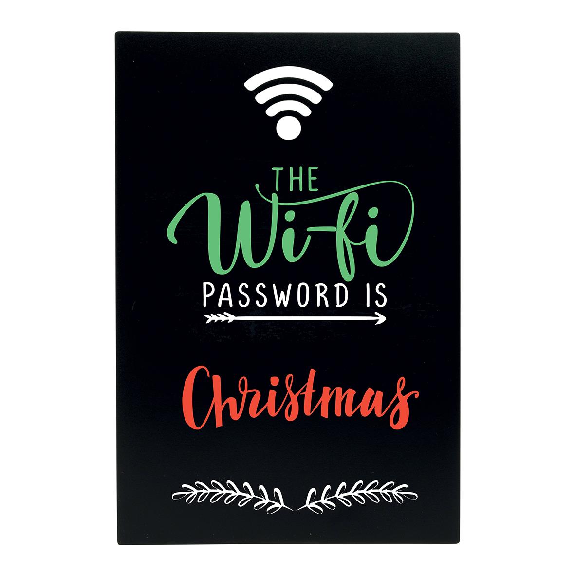 Svart griffeltavla med Wi-fi symbol och text The Wi-fi Password is Christmas i grönt och rött