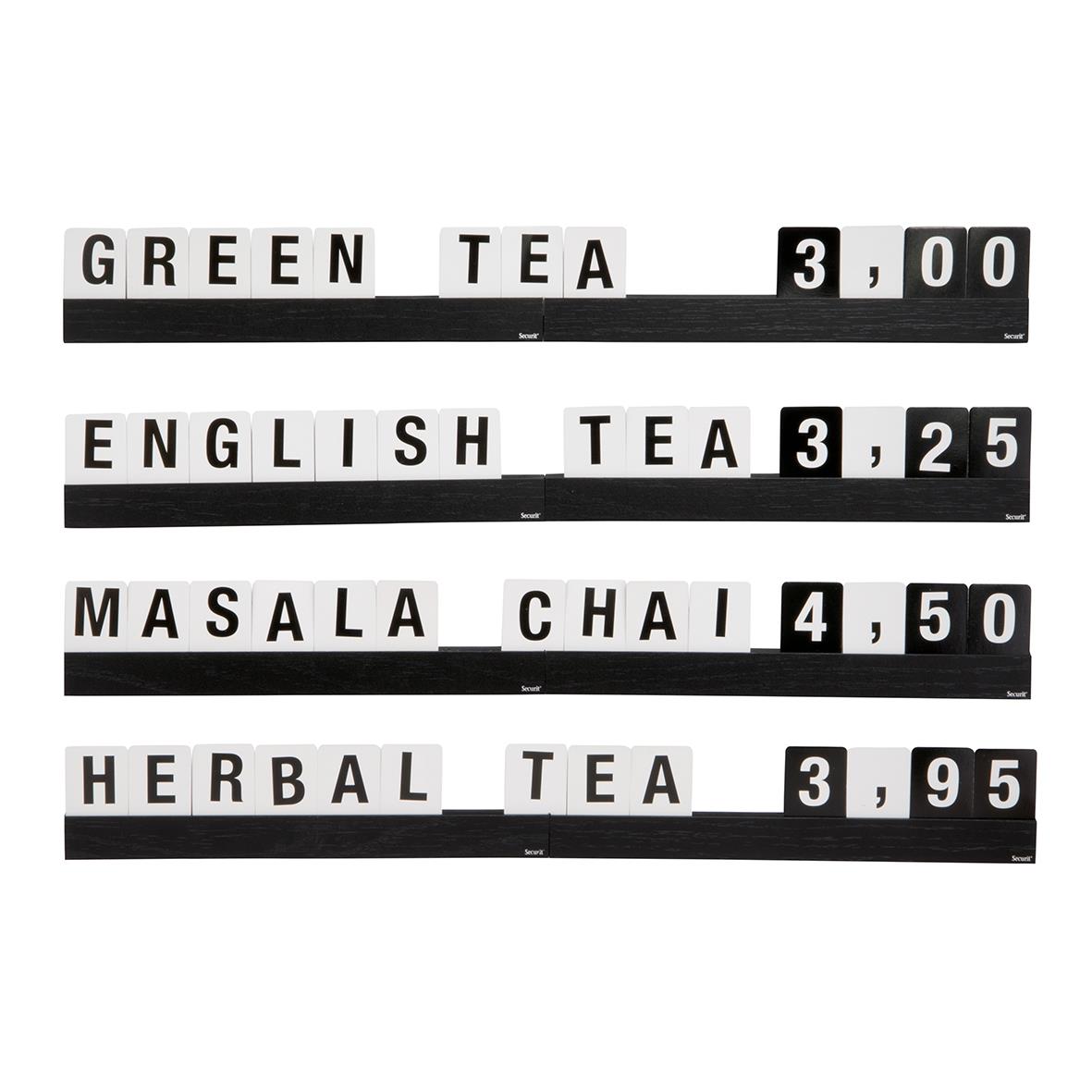 Svart bokstavshylla med fyra rader för te, kaffe och teer, 25 cm lång