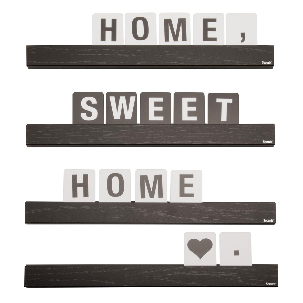 Svart bokstavshylla med ordet HOME, SWEET och en hjärta-symbol, 25 cm lång