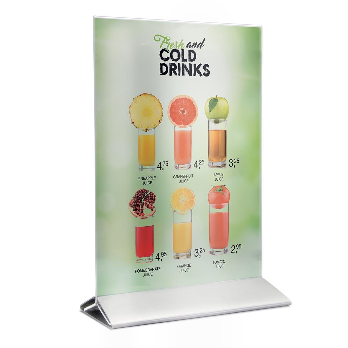 Informationsskylt för kalla drycker med bilder av frukt och priser, på rostfri stålbotten
