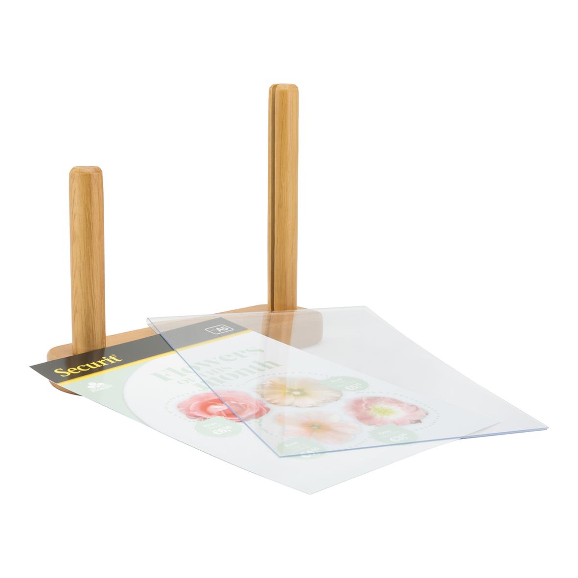 Akryl och träbotten dokumenthållare med två trästavar och transparent plast