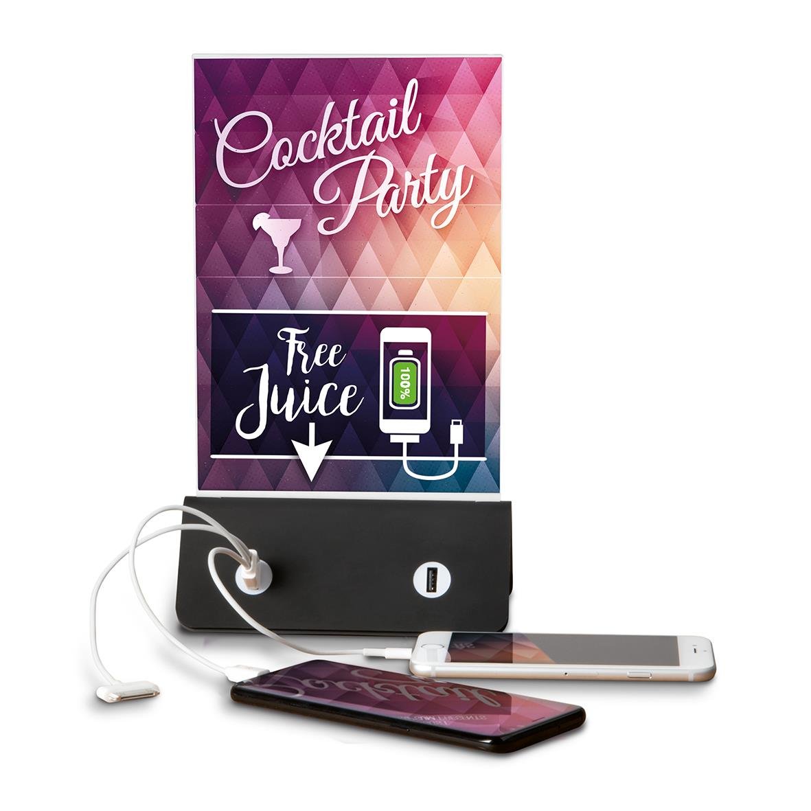 Bordsdisplay för Securit Ink Powerbank med mobiltelefon och hörlurar