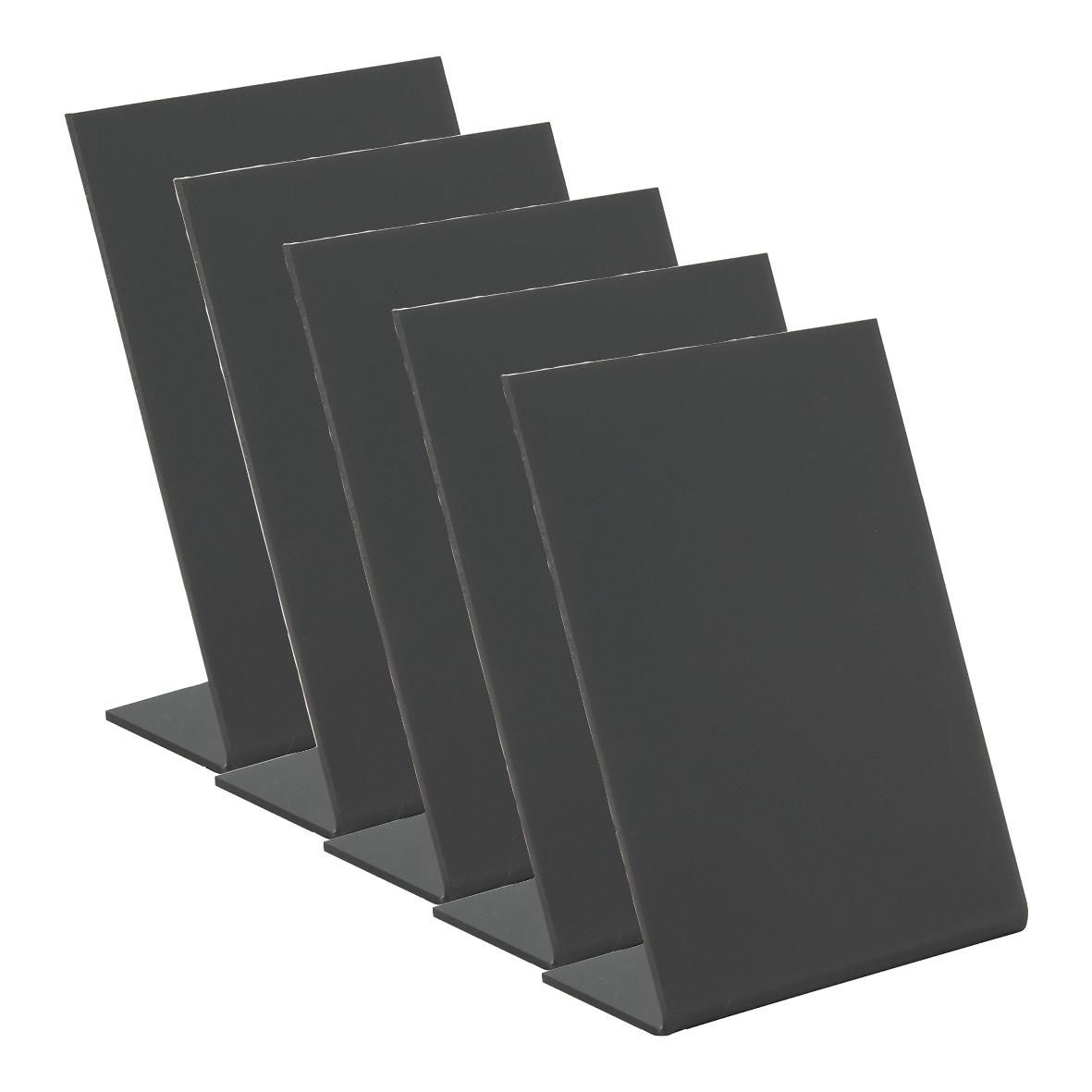 Svart griffeltavla i akryl L-form Securit A7, står på en bas