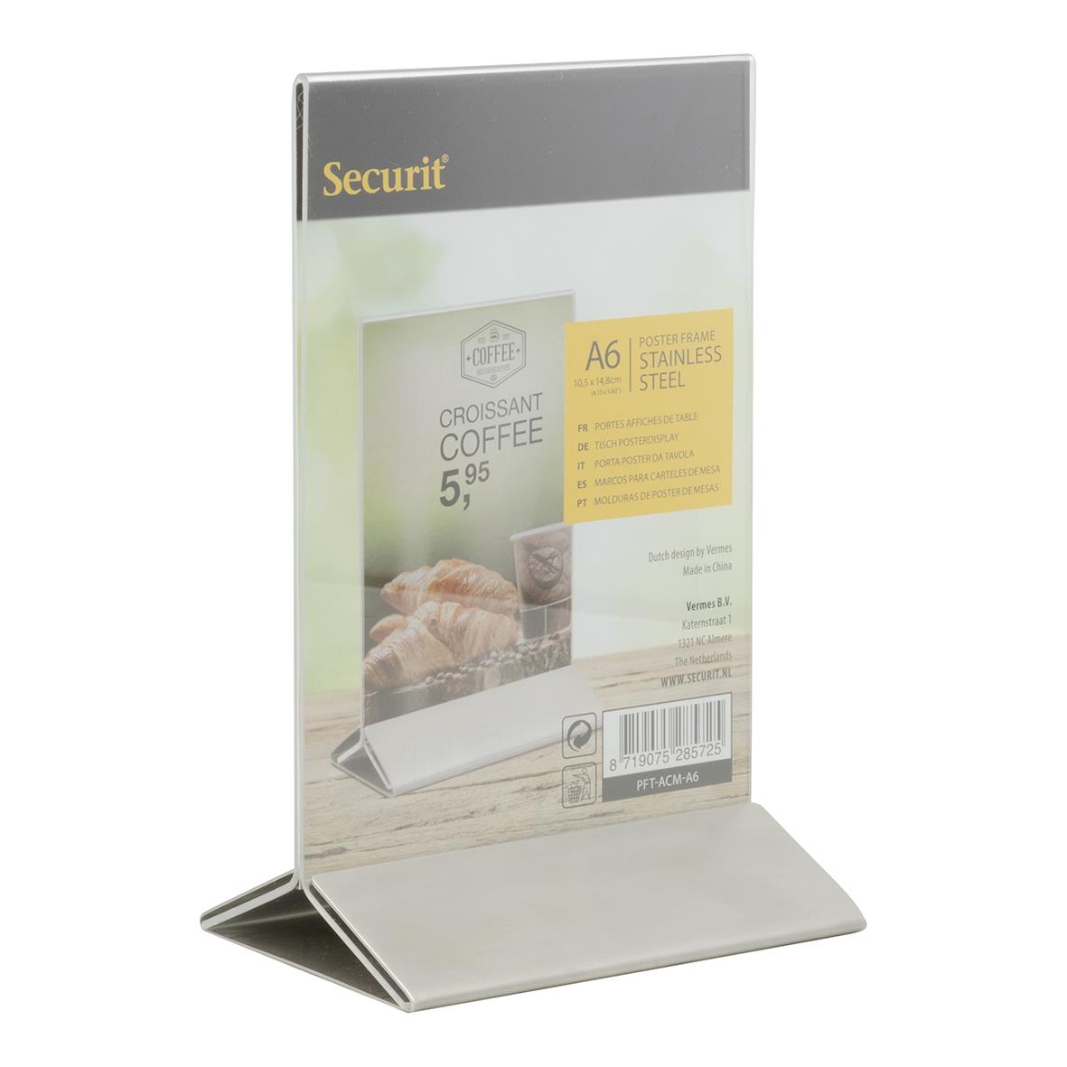 Inforam Securit A6 akryl rostfri stålbotten stående display