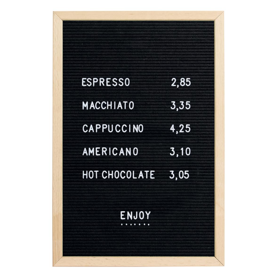 Bokstavstavla med bokstäver, siffror och ikoner i träram, 40x60cm, visar olika kaffedrycker och priser