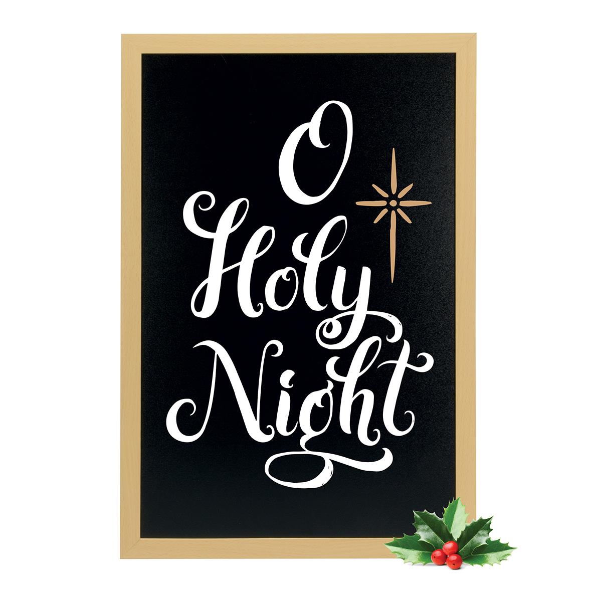 Griffelbräda med träram i teak, 35x55cm, skrivyta för vägg, med julgranskvist och text O Holy Night