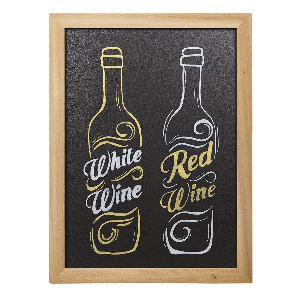 Griffeltavla med träram i teak, 35x55cm, skrivyta med vinmotiv för vit och röd vin