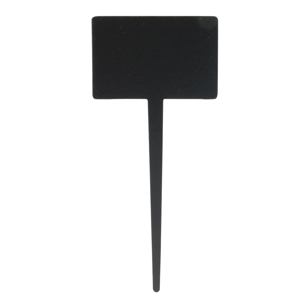 Svart rektangulär skylt med pinne för säkerhet eller information, mått 18x8cm