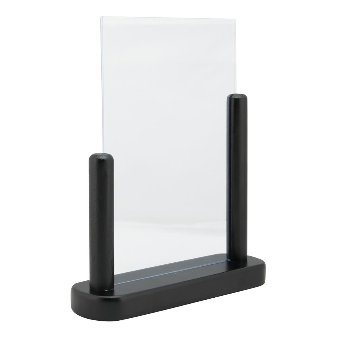 Svart akryl och träbotten informationsskylt med två svarta stöd för A5-format