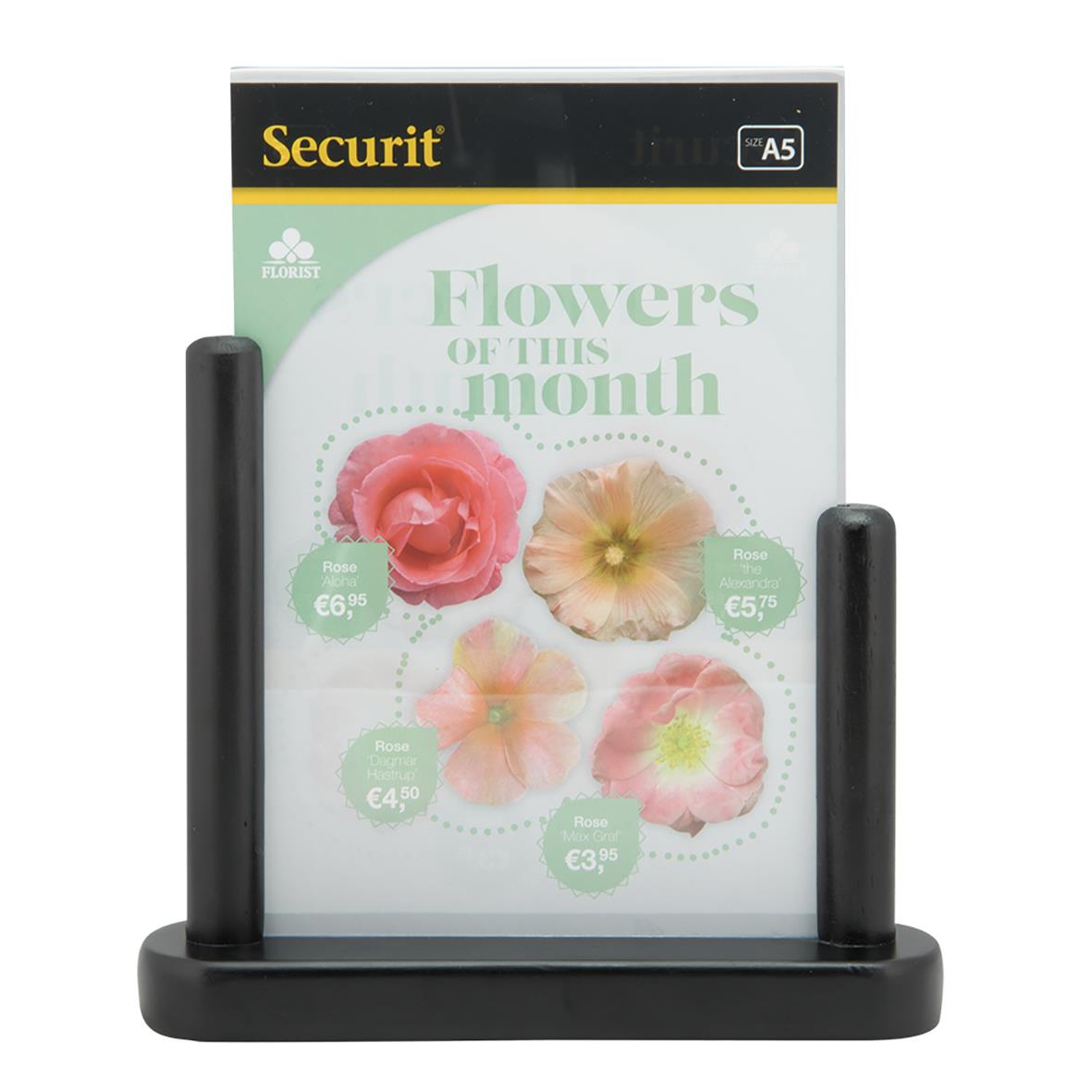 Svart akrylram med träbotten och två svarta stöd för A5-format, med blomsterdesign och prisetiketter