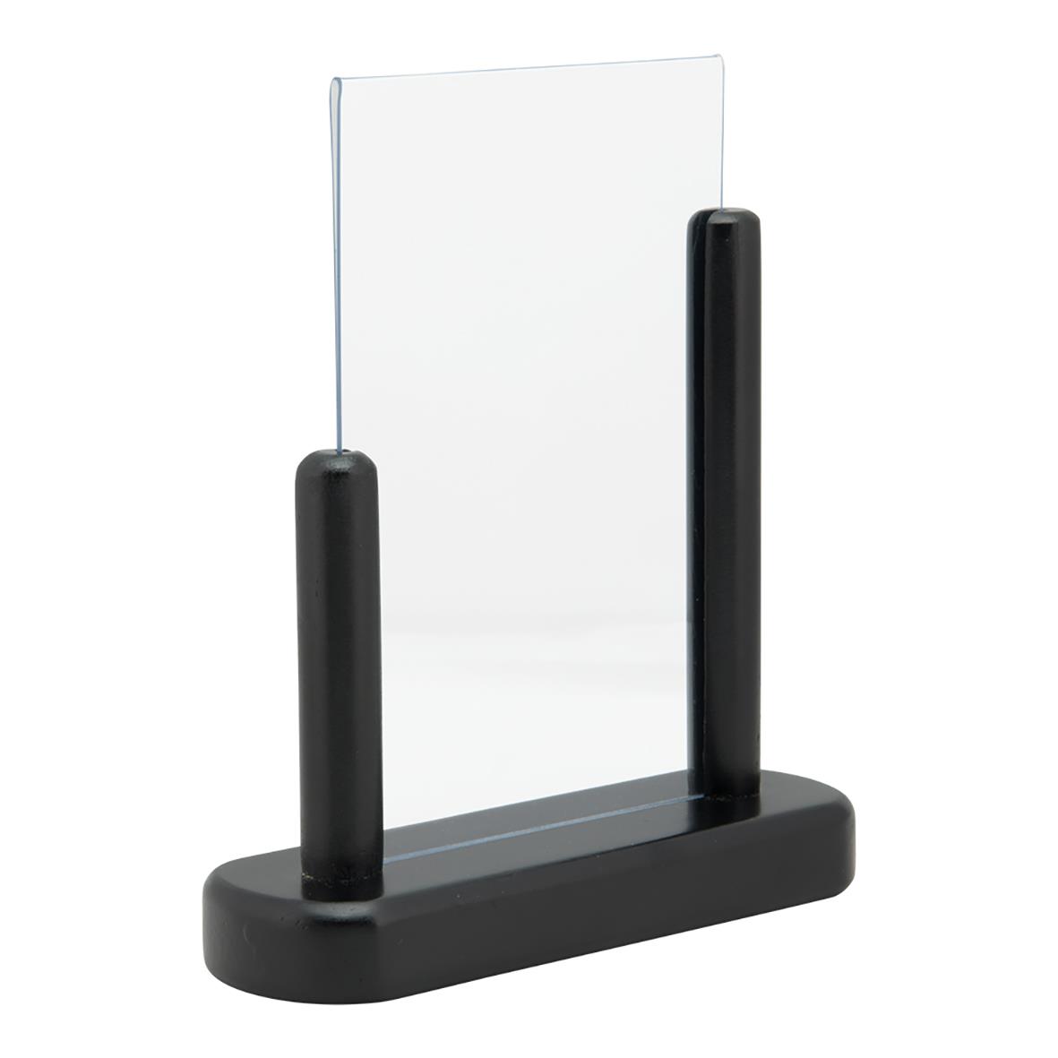 Svart akryl och träbotten informationsskärm med plexiglas och stöd för A6-format