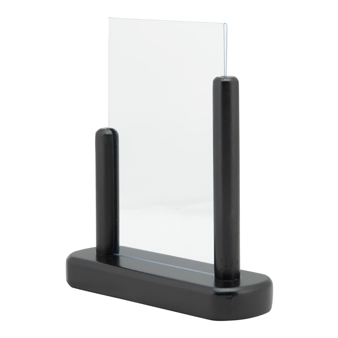 Svart akryl och träbotten informationsskylt med tydlig transparent del