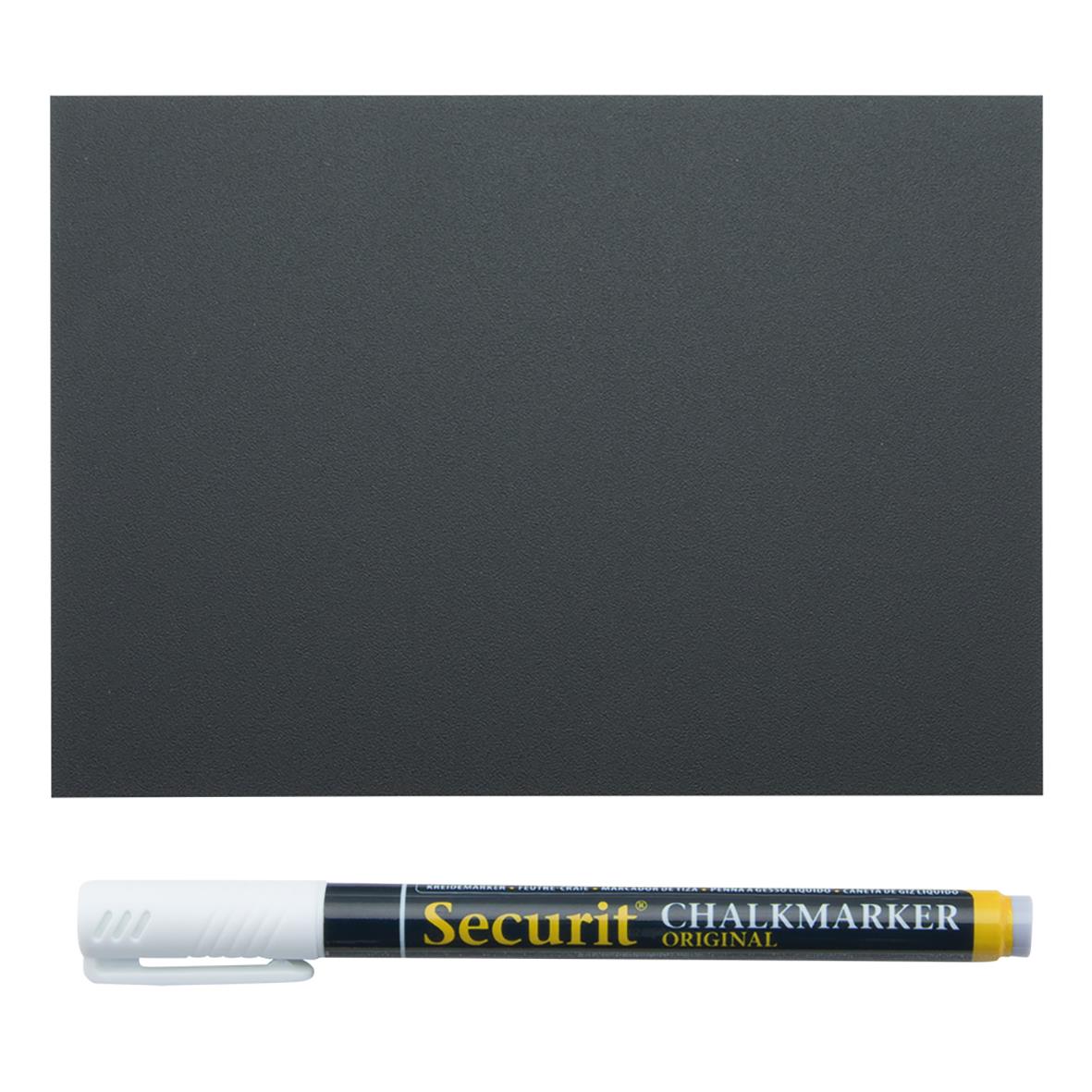 Svart griffelskylt med penna och hållare, A6 storlek